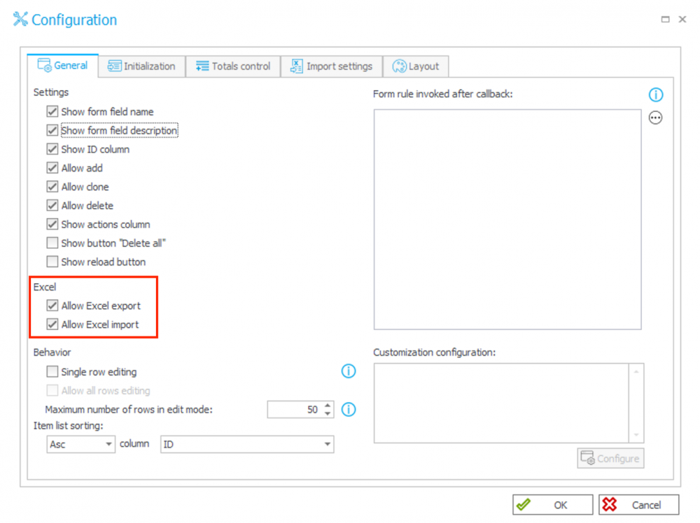The image shows how to enable the import/export Exceloption